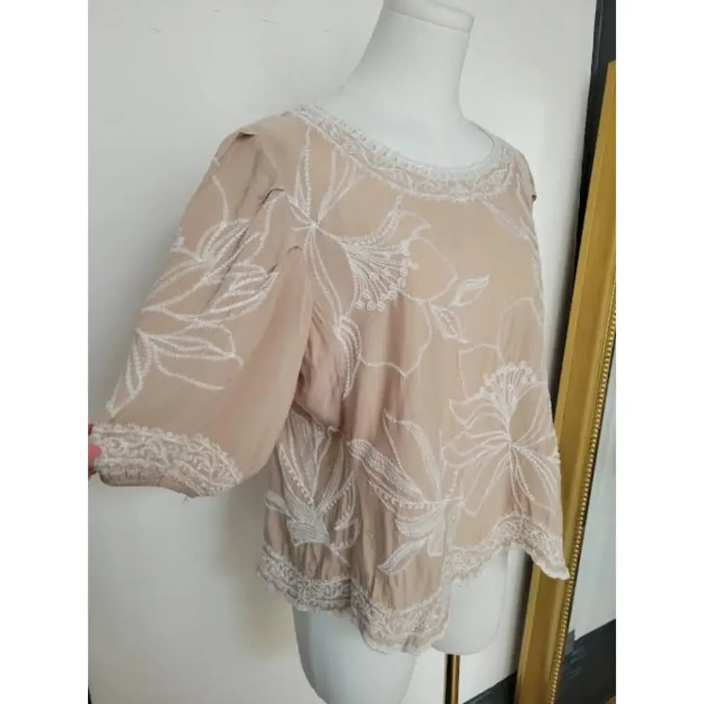 Cottage Garden Floral Embroidered Puff Sleeve Relaxed Fit Asymmetrical Blouse